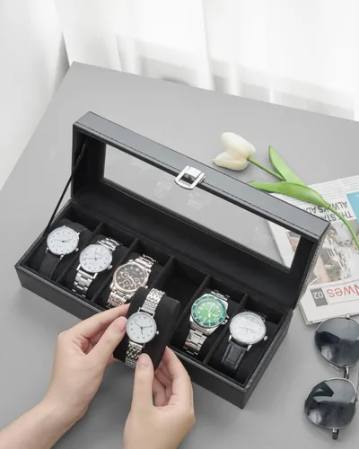Vista 9 de Ohuhu Fundas de reloj para hombres, caja de reloj de piel sintética con 6 ranuras, tapa de cristal real, organizador de joyas, almacenamiento