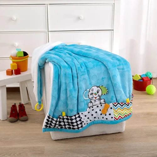 Vista 5 de Sassy Baby Eli Elephant Aqua, manta de bebé sherpa súper suave multicolor con esquinas para morder