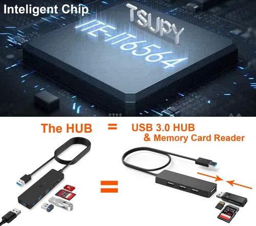 Vista 6 de TSUPY Hub 3.0 Splitter, TSUPY USB 3.0 Hub Multi USB adaptador expansor de puerto con cable de 4 pies, lector de tarjetas SD/TF y 3 puertos USB 3.0