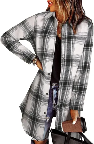 Vista 21 de EVALESS Chamarra Shacket de Cuadros con Bloques de Color para Mujer, Ropa de Otoño, Conjuntos de Moda 1b marrón