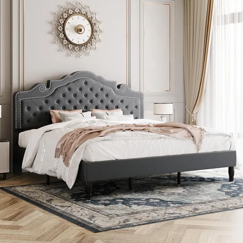Vista 14 de Allewie Base de cama tamaño completo con cabecero de tiara de terciopelo ajustable, cama plataforma tapizada con botones de diamante capitoné Negro
