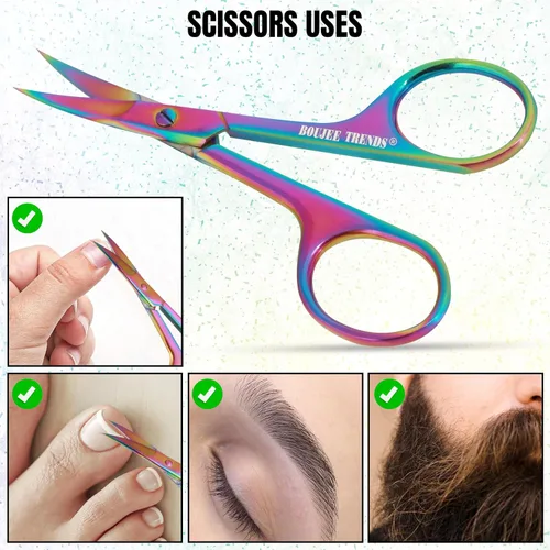 Vista 4 de Tijeras de uñas para uñas, cejas, bigote, facial, nariz, oído, peluquería, multiusos, tijeras de belleza pequeñas, cuchillas curvadas y afiladas