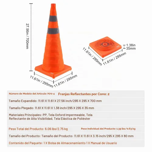 Vista 7 de VEVOR Conos de seguridad, paquete de 4 conos de tráfico plegables de 28 pulgadas, conos de construcción con collares reflectantes, base ancha y una