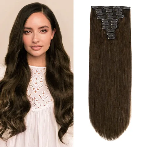Vista 9 de Extensiones de cabello humano con clip de 14 pulgadas, 4.33 oz, 7 piezas, 16 clips, color marrón chocolate, doble trama, extensiones de cabello Remy