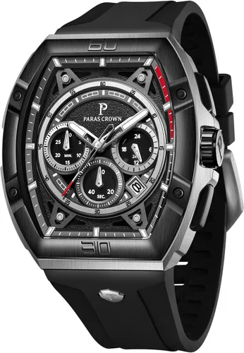 Vista 11 de Paras Crown Watches for Men Tonneau 5ATM Waterproof Quartz Luxury Chronograph Analog Men's Wrist Watches Stainless Steel Case Mens Watches Negro