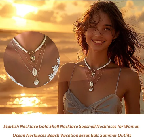 Vista 4 de Collar de concha marina de Your Always Charm para mujer, collar de concha ajustable con capas de encanto de concha marina para mujer, atuendos