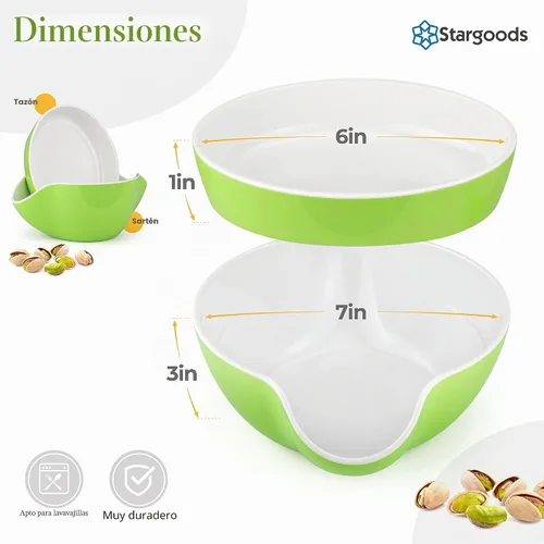 Vista 3 de Stargoods – Cuenco de Pistacho, Plato para Aperitivos, Tazón Doble para Maní con Almacenamiento para Cáscaras de Nueces y Caramelos, Verde
