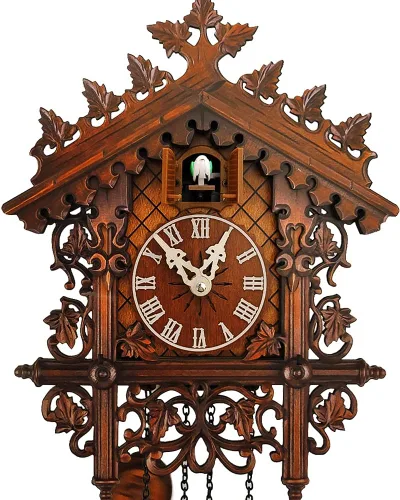 Vista 7 de JoonieHouse Reloj de cuco tradicional de la Selva Negra, reloj de pared decorativo de madera nueva con péndulo y función de timbre – Relojes