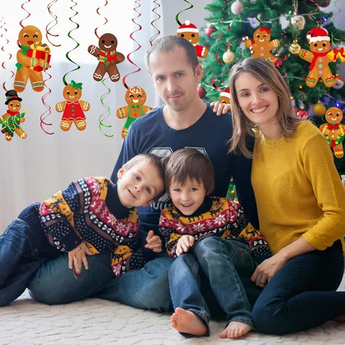 Vista 7 de Namalu 54 piezas de remolinos colgantes de hombre de jengibre de Navidad, decoraciones de hombre de jengibre para fiesta, remolinos colgantes