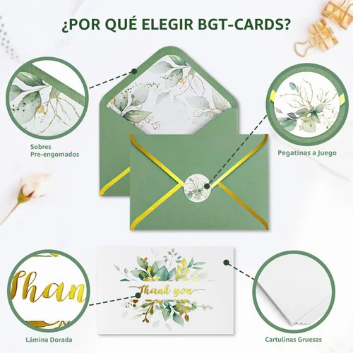 Vista 3 de Lujosas tarjetas de agradecimiento doradas con sobres, paquete de 32 tarjetas de eucalipto en blanco para todas las ocasiones, notas