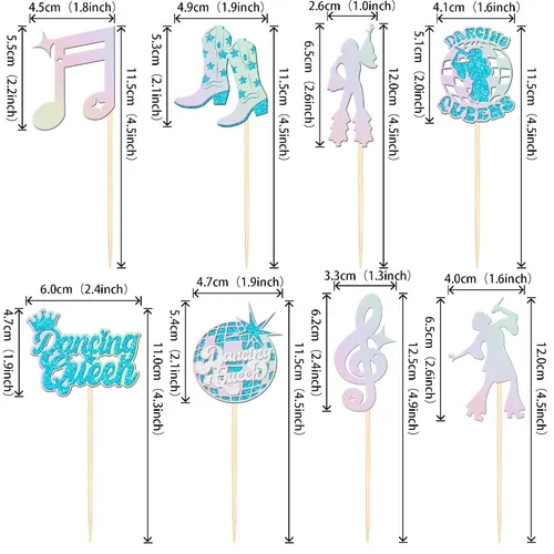 Vista 2 de 24 piezas de decoración de cupcakes de reina bailarina con brillantina, bola de discoteca, notas musicales, cantante, baile, cupcakes, temática