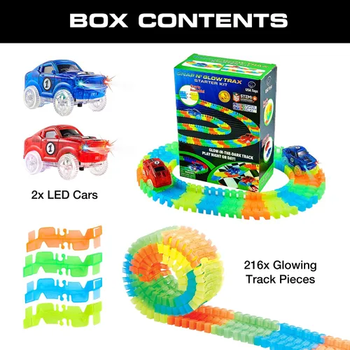 Vista 6 de Kit de inicio de pistas de resplandor USA Toyz Pistas de carreras y 2 coches de juguete LED - 216 piezas Juego de pistas de carreras flexibles