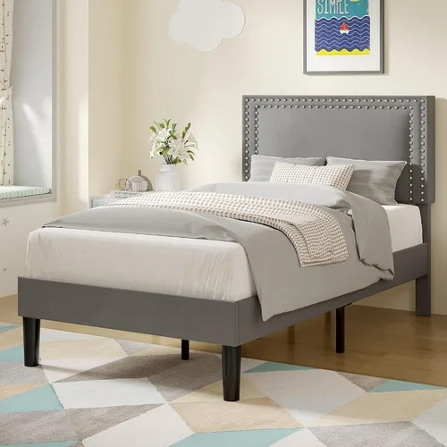 Vista 104 de VECELO Base de cama de plataforma de tamaño individual con cabecera tapizada de altura ajustable, base de colchón moderna, soporte de listones
