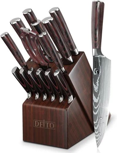 Vista 10 de Dfito Juego de cuchillos de cocina, 3 piezas de acero inoxidable de alto carbono con mango de madera de Pakkawood roja, juegos de cuchillos de chef