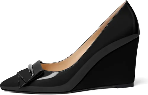 Vista 2 de AUMOTED Zapatos de tacón de cuña para mujer, con punta puntiaguda, tacones de lazo de tacón alto, zapatos de vestir clásicos para oficina, boda