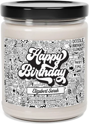 Vista 8 de NHI - Vela personalizada de feliz cumpleaños, vela con nombre personalizado, vela perfumada de cera de soja para el hogar, tarro transparente de 9