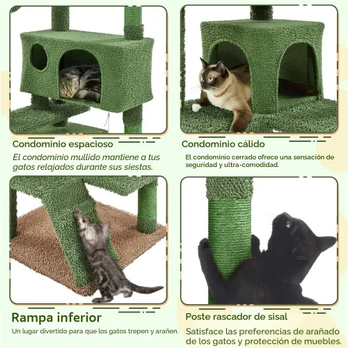 Vista 6 de Yaheetech Árbol para Gatos con Forma de Cactus, Torre de 54.5 Pulgadas con Rampa, Percha con Forma de Orejas de Animal, Postes Rascadores