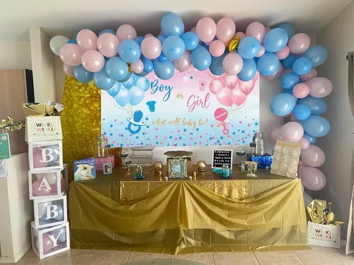 Vista 5 de Avezano Telón de Fondo de Revelación de Género Niño o Niña Cartel Pancarta Estrellas Azules y Rosas Puntos Tema de Globos Decoraciones de Fiesta