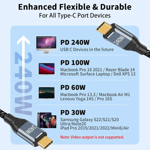 Vista 5 de Duttek Cable USB C de 240 W de 3 pies/3.3 ft, cable USB C a USB C PD 3.1, cable trenzado USB C macho a macho de nailon con chips inteligentes E-Mark
