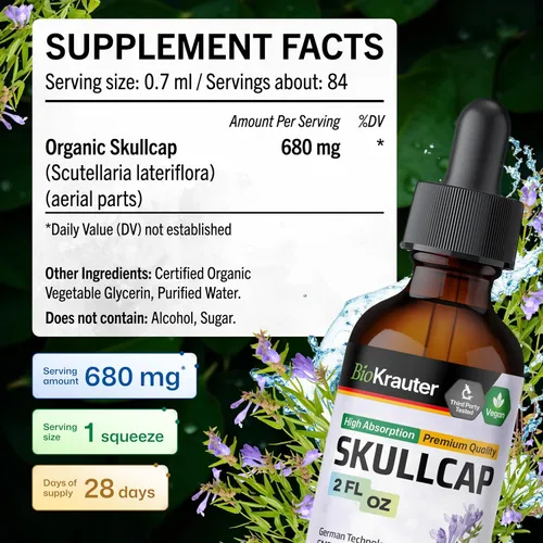 Vista 4 de BIO KRAUTER® Tintura Skullcap para la calma y la relajación - Hierba líquida Skullcap 2 onzas 28 días de suministro - Suplemento para dormir puro