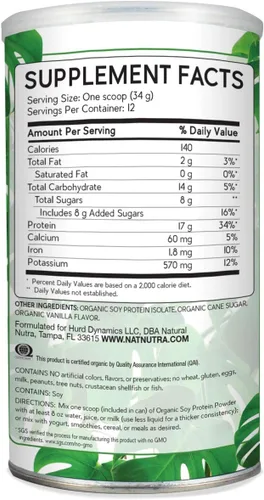 Vista 2 de Natural Nutra Polvo orgánico vegano de origen de proteína de soja a base de plantas, apoya los huesos y mejora la salud cardiovascular, sin gluten