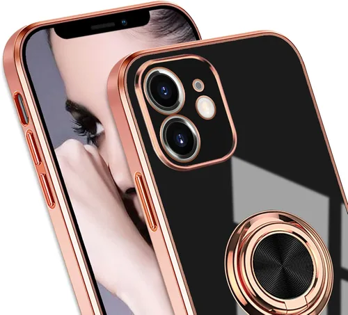 Vista 7 de Compatible con iPhone 11 Kickstand, anillo de rotación de 360 grados integrado con borde de oro rosa brillante que funciona con soporte magnético