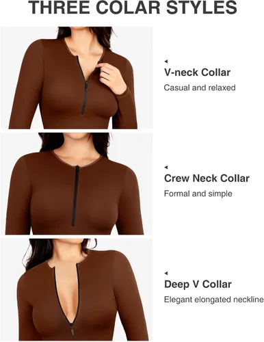 Vista 3 de Women's Deep V Long Sleeve Bodysuit for Women Zip Up Bodysuit Brown & Black Bodysuit Women Zip Front