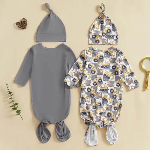Vista 2 de Merqwadd Conjunto de pijama para bebé niño y niña, paquete de 2 unidades, camisón anudado para recién nacido con sombrero, pijamas para dormir