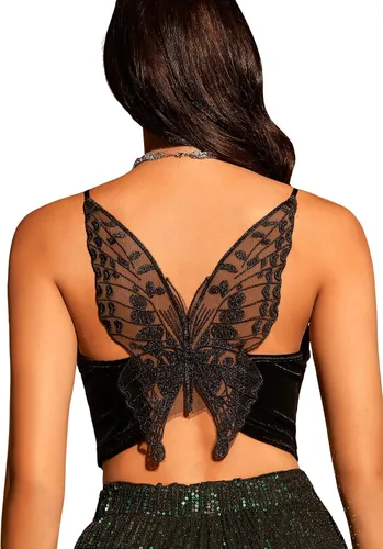 Vista 4 de SHENHE Camiseta corta sin mangas con cuello en V y malla de terciopelo para mujer