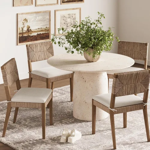 Vista 16 de Nathan James Silla de comedor Beacon Boho, silla de comedor Boucle con acento de fibra de mar y patas de madera maciza, crema Boucle/marrón claro