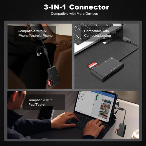 Vista 4 de Lector de tarjetas inteligentes 7 en 1 con conectividad de 3 puertos - Lightning/USB-C/USB-A Lector de tarjetas CAC y PIV, SD/TF/MS Pro