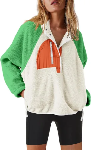 Vista 29 de Nirovien - Chaqueta de forro polar con capucha para mujer, manga larga, sherpa, sudadera mullida, abrigada, con botones y bolsillos Un rosa