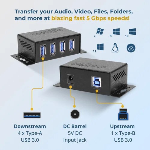 Vista 5 de Coolgear Concentrador USB 3.2 Gen 1 – Hub USB de 4 puertos con transferencia de datos de 5 Gbps, carcasa de metal montable, adaptador de corriente