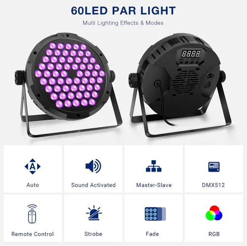 Vista 4 de Luces de escenario RGB de 60 LED, 90 W, regulables, multimodos activados por sonido, control remoto y DMX, fácil configuración, luces elevadas