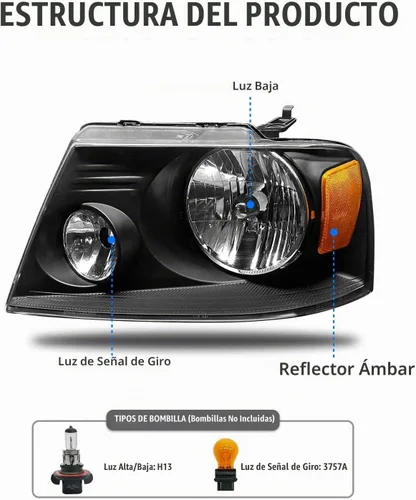 Vista 4 de para faros delanteros halógenos Ford F150 2004-2008 con Carcasa A-Negro Reflector ámbar Lente Transparente