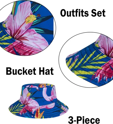 Vista 5 de TUNEVUSE Little & Big Boys - Conjunto de camisas hawaianas con botones y pantalones cortos con sombrero de pescador, trajes de verano estampados