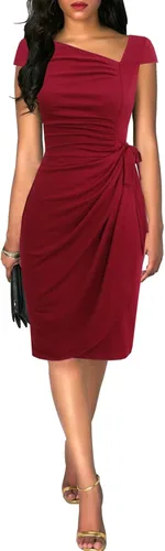 Vista 3 de Liyinxi Vestido cruzado de imitación para mujer, estilo retro de los años 50, manga casquillo hasta la rodilla, para negocios, casual, fiesta