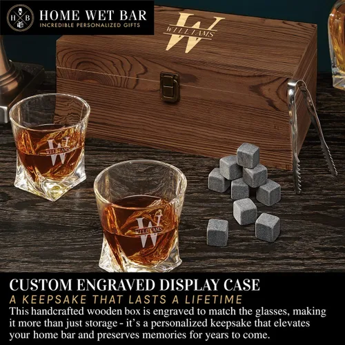 Vista 5 de Vasos de Whisky Personalizados – Juego de vasos de whisky con giro personalizado y grabado y estuche de exhibición con piedras de whisky de Home Wet