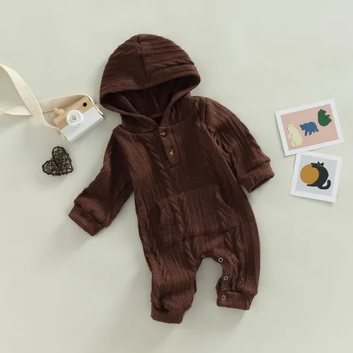 Vista 9 de Suéter de punto para niños y niñas, mameluco de manga larga con capucha y bolsillo