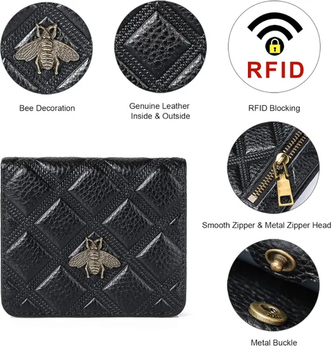 Vista 3 de Billetera para mujer, con bloqueo RFID, pequeña, compacta, plegable, de piel auténtica, con bolsillo, mini carteras para mujeres