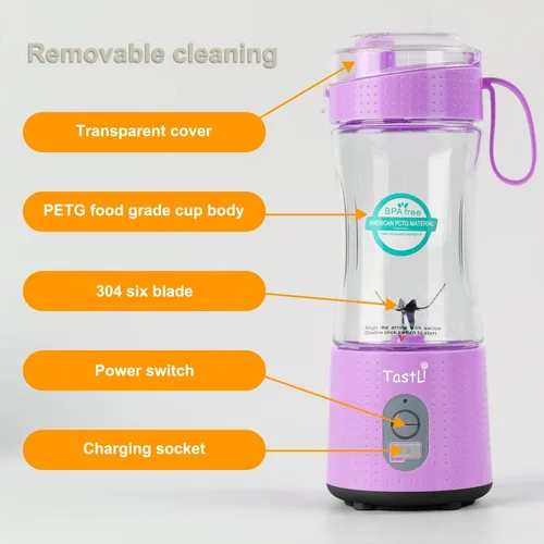 Vista 6 de Licuadora portátil, licuadora de batidos, pequeña licuadora personal para batidos, batidos y mezclas de proteínas, inalámbrica, eléctrica, Rosa