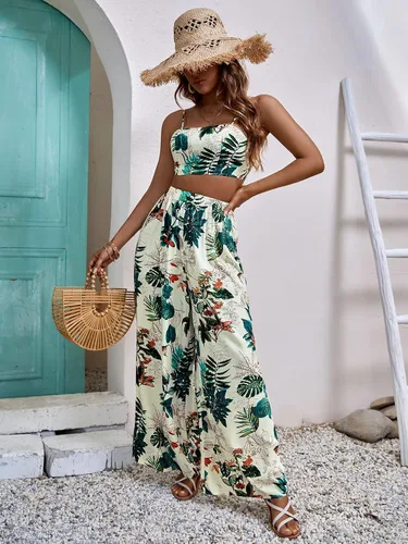 Vista 5 de GORGLITTER Conjunto de 2 piezas para mujer, con estampado tropical, lazo en la espalda, conjunto de pantalones de pierna ancha