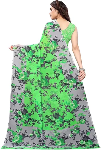 Vista 3 de Indian Hawker Georgette Sari - Sari con estampado floral para mujer con pieza de blusa sin coser