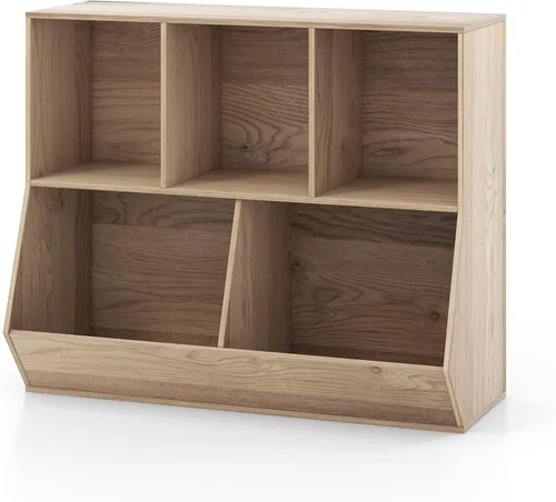 Vista 4 de Kids Bookshelf and Toy Organization,5 Cubby Open Wooden Playroom Organization and Storage, Toddler Bookshelf for Kid’s Room Bedroom Nursery