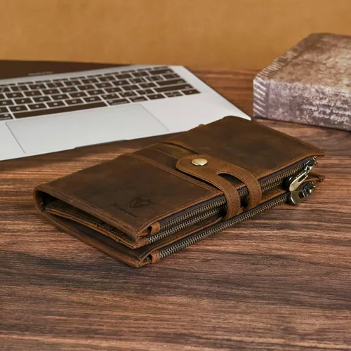 Vista 33 de Genuino Caballo Loco Cuero Regalo de Viaje Moneda Bolsillo Tarjetero Organizador Largo Cadena Rfid Cartera Monedero Con Broche Para Hombres Hombres