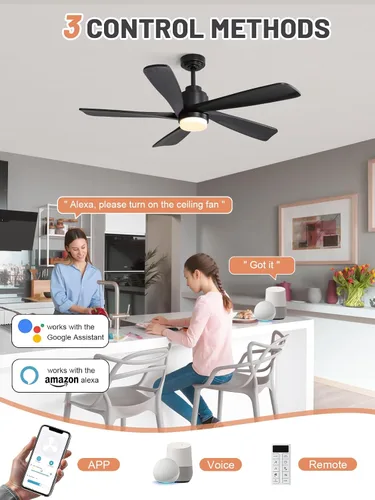 Vista 2 de Sofucor Ventilador de techo con luces y control remoto, ventilador de techo de madera moderno de 52 pulgadas para interiores, casa de campo Negro