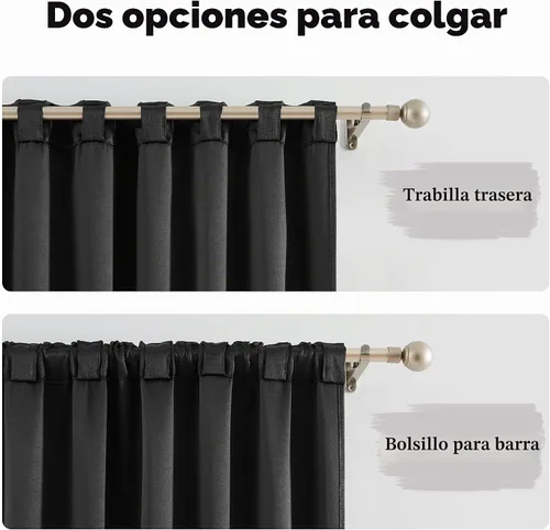 Vista 3 de Bujasso Cortinas de jacquard negras con bolsillo para barra, pestaña trasera y lazos de lujo, cortinas aisladas térmicamente para oscurecer