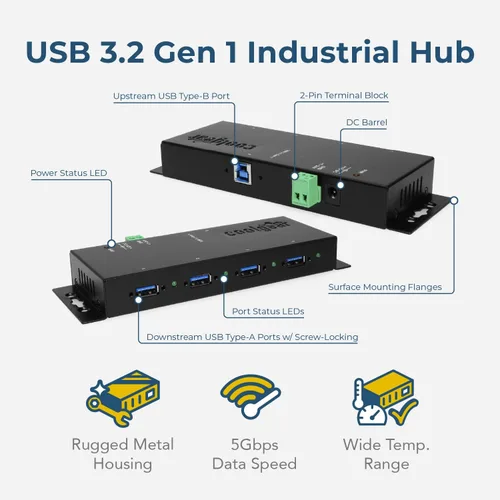 Vista 3 de Coolgear Caja de metal industrial USB 3.2 Gen 1 de 4 puertos con opción de cable de bloqueo de tornillo