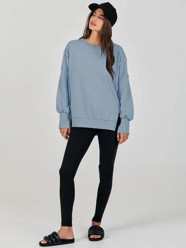 Vista 7 de LOGENE Sudadera de gran tamaño para mujer, cuello redondo, manga larga, casual, con abertura, ropa de otoño 2023
