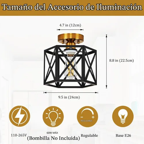 Vista 2 de Lámpara de Techo Moderna de Granja Negra y Dorada, Lámpara de Techo Industrial Semiempotrada, Accesorios de Iluminación Hexagonal para Pasillo